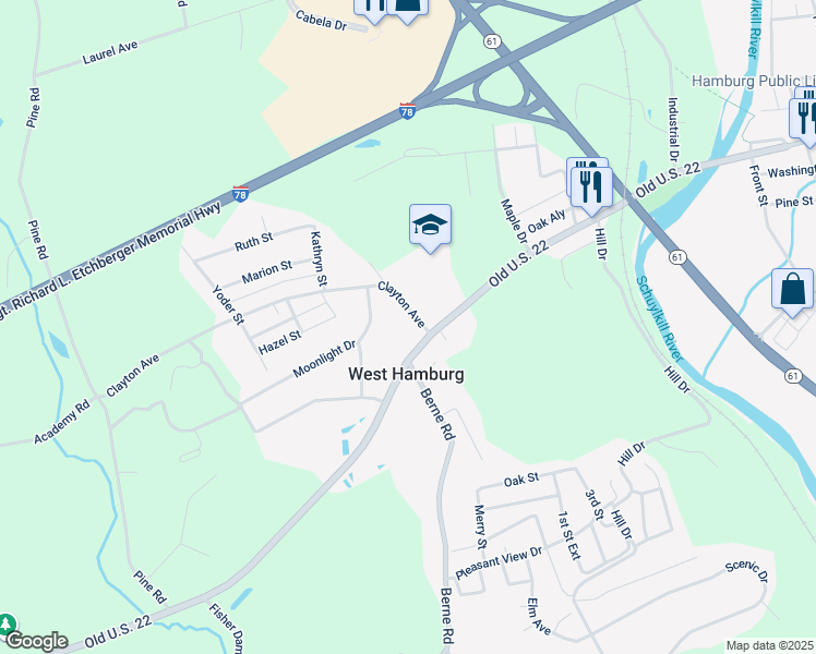map of restaurants, bars, coffee shops, grocery stores, and more near 5 Clayton Avenue in Hamburg