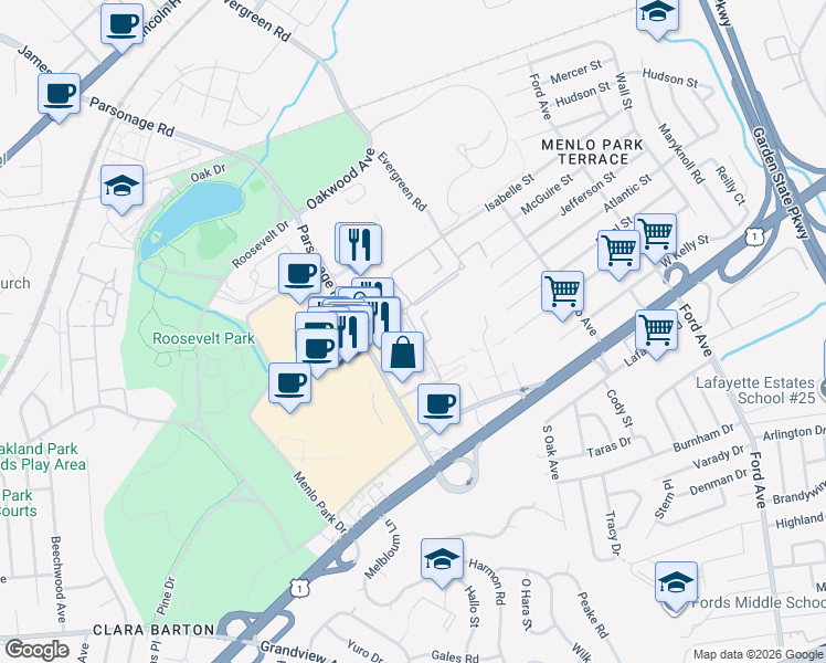 map of restaurants, bars, coffee shops, grocery stores, and more near 32 Judson Street in Edison