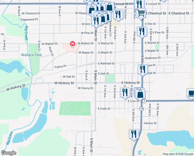 map of restaurants, bars, coffee shops, grocery stores, and more near 2-40 East Oak Street in Canton