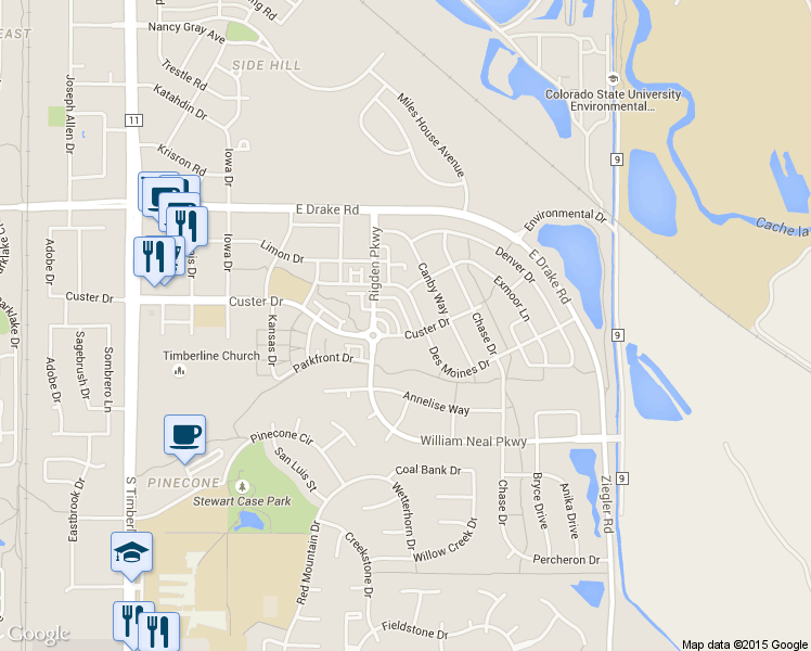 map of restaurants, bars, coffee shops, grocery stores, and more near 2826 Sitting Bull Way in Fort Collins