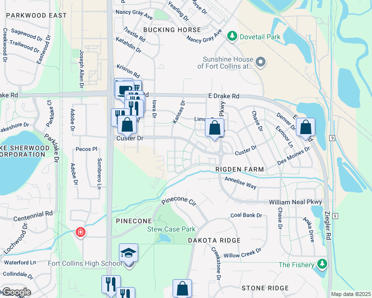 map of restaurants, bars, coffee shops, grocery stores, and more near 2419 Custer Drive in Fort Collins