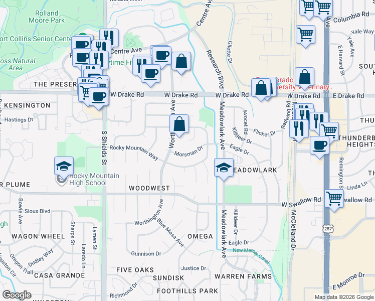 map of restaurants, bars, coffee shops, grocery stores, and more near 2724 Stagecoach Court in Fort Collins