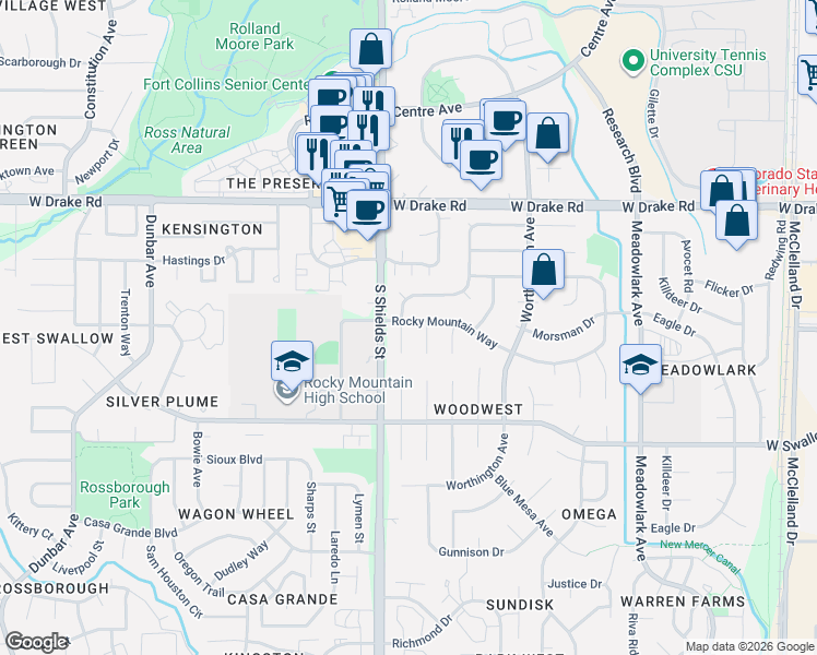 map of restaurants, bars, coffee shops, grocery stores, and more near 1006 Rocky Mountain Way in Fort Collins
