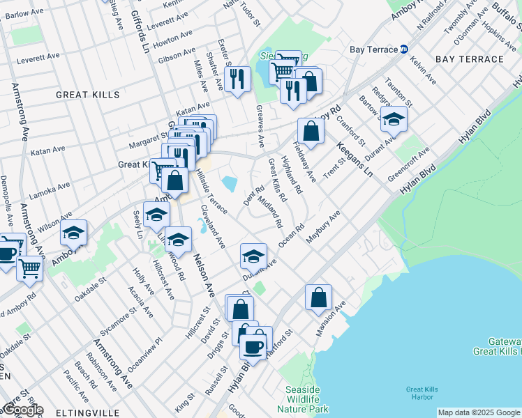 map of restaurants, bars, coffee shops, grocery stores, and more near 81 Midland Road in Staten Island