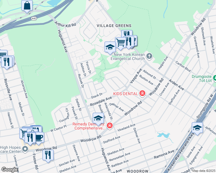 map of restaurants, bars, coffee shops, grocery stores, and more near 127 Green Valley Road in Staten Island