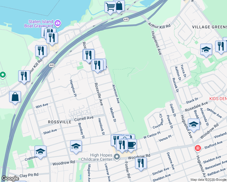 map of restaurants, bars, coffee shops, grocery stores, and more near 250 Alverson Avenue in Staten Island