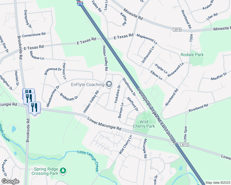 map of restaurants, bars, coffee shops, grocery stores, and more near 4730 Yorkshire Drive in Macungie