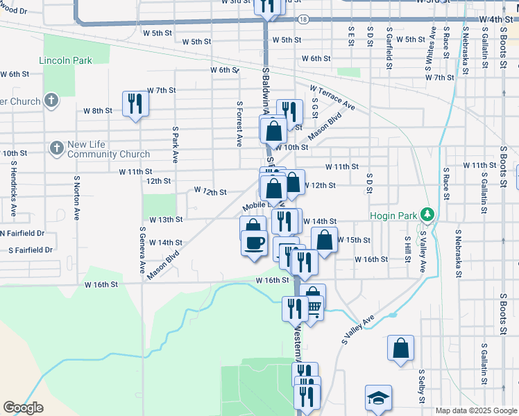 map of restaurants, bars, coffee shops, grocery stores, and more near 1204 South Baldwin Avenue in Marion