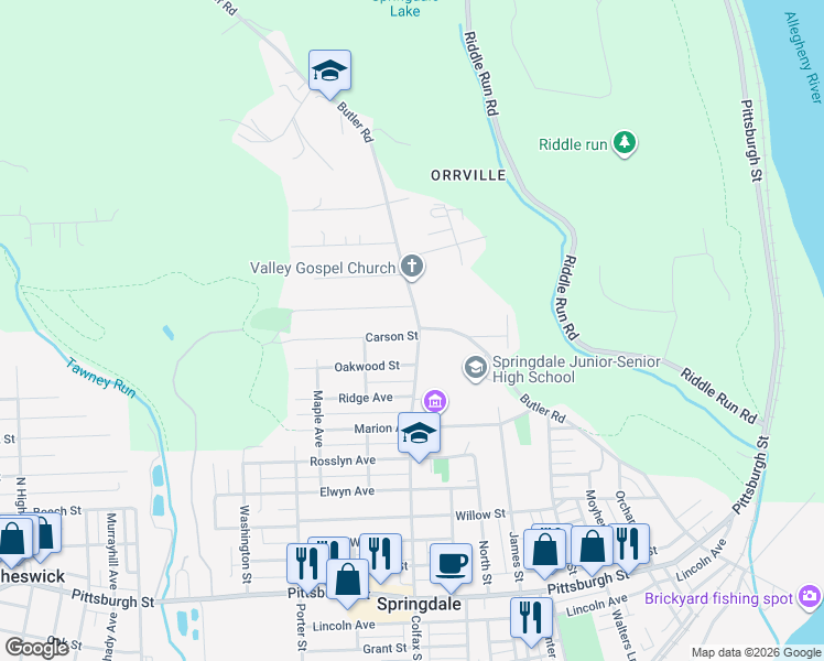 map of restaurants, bars, coffee shops, grocery stores, and more near 1009 Butler Road in Springdale