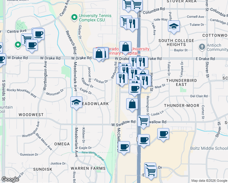 map of restaurants, bars, coffee shops, grocery stores, and more near 2713 Redwing Road in Fort Collins