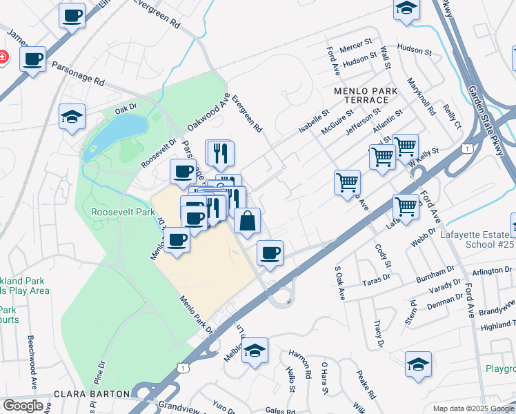map of restaurants, bars, coffee shops, grocery stores, and more near 197 Evergreen Road in Edison