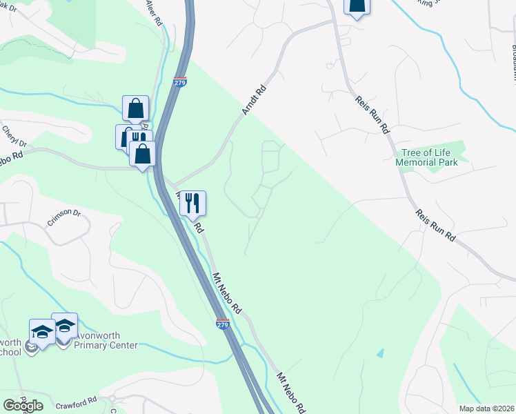 map of restaurants, bars, coffee shops, grocery stores, and more near 207 Bear Run Drive in Pittsburgh