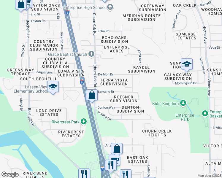 map of restaurants, bars, coffee shops, grocery stores, and more near 1120 Lorraine Drive in Redding