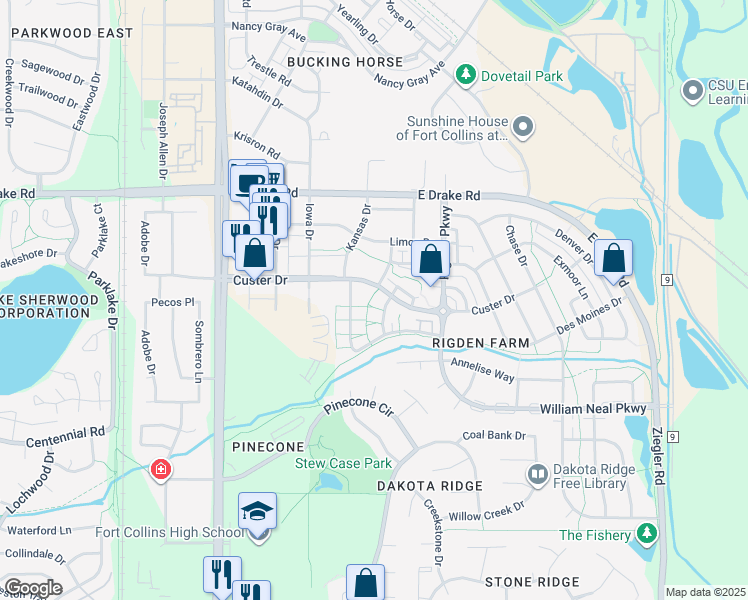 map of restaurants, bars, coffee shops, grocery stores, and more near 2821 Willow Tree Lane in Fort Collins
