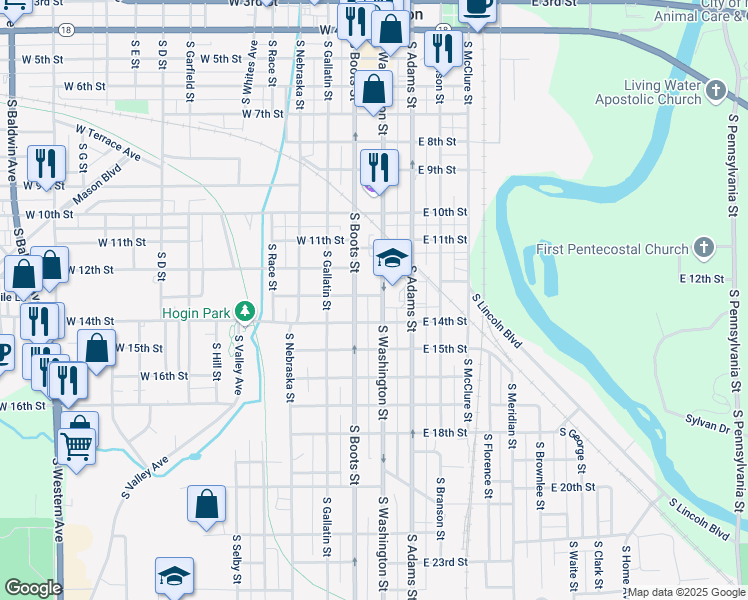 map of restaurants, bars, coffee shops, grocery stores, and more near 1217 South Boots Street in Marion