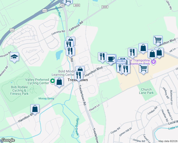 map of restaurants, bars, coffee shops, grocery stores, and more near 7525 Hamilton Boulevard in Trexlertown