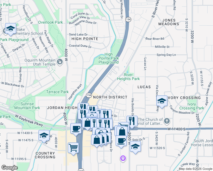map of restaurants, bars, coffee shops, grocery stores, and more near 11100 River Heights Drive in South Jordan