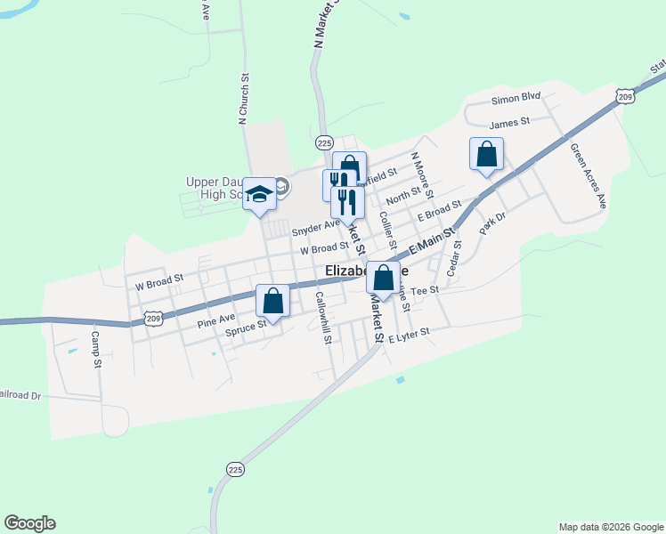 map of restaurants, bars, coffee shops, grocery stores, and more near 18 West Broad Street in Elizabethville
