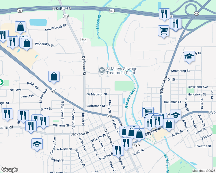 map of restaurants, bars, coffee shops, grocery stores, and more near 325 Cherry Street in Celina