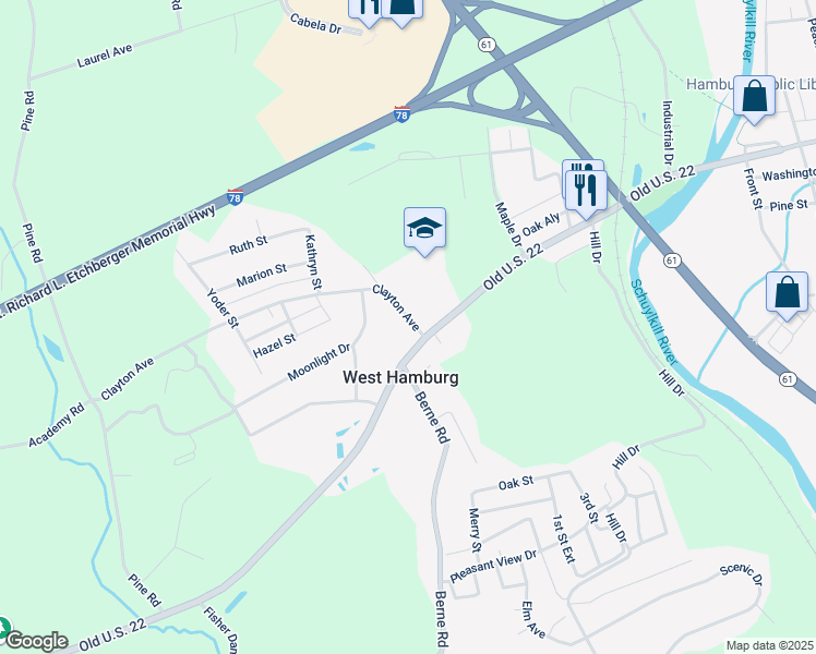 map of restaurants, bars, coffee shops, grocery stores, and more near 5 Clayton Avenue in Hamburg