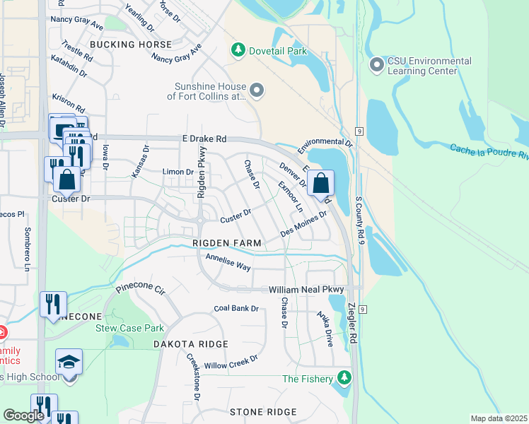 map of restaurants, bars, coffee shops, grocery stores, and more near 2802 Chase Drive in Fort Collins