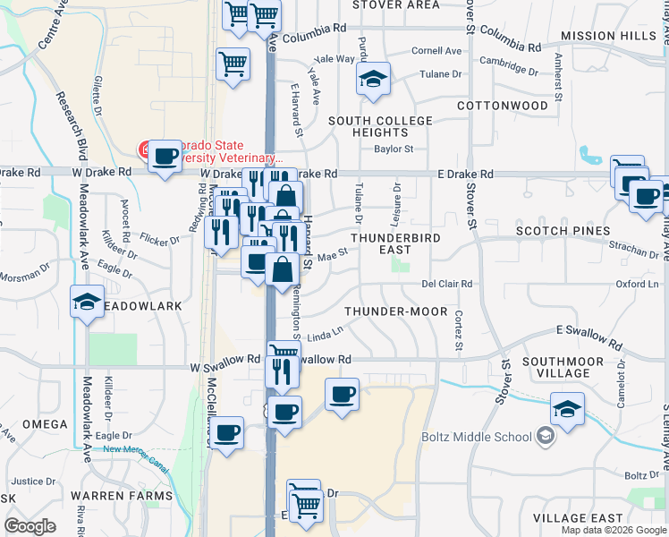 map of restaurants, bars, coffee shops, grocery stores, and more near 309 Mae Street in Fort Collins
