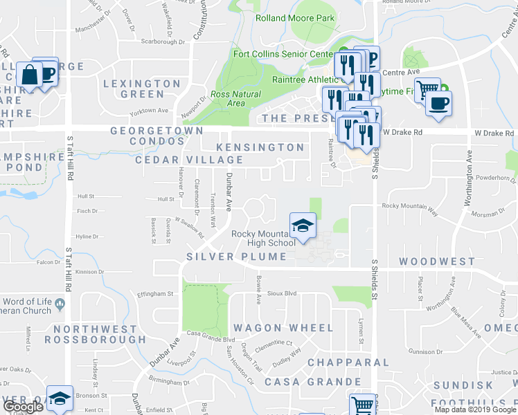 map of restaurants, bars, coffee shops, grocery stores, and more near 2828 Silverplume Drive in Fort Collins