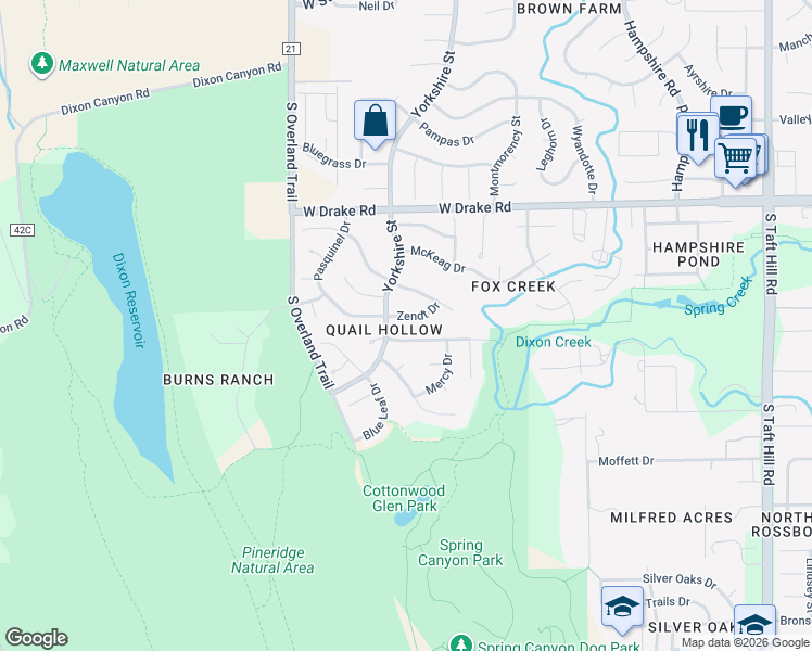 map of restaurants, bars, coffee shops, grocery stores, and more near 2824 Zendt Drive in Fort Collins
