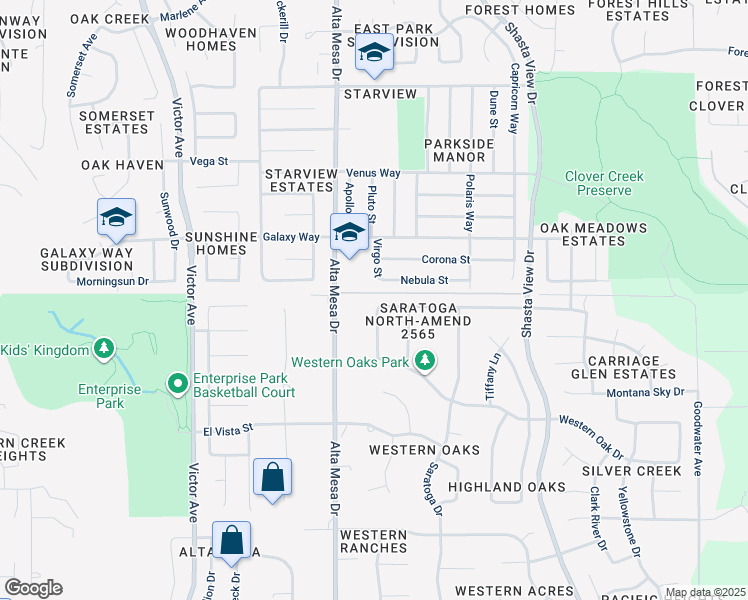 map of restaurants, bars, coffee shops, grocery stores, and more near 2261 Nebula Street in Redding