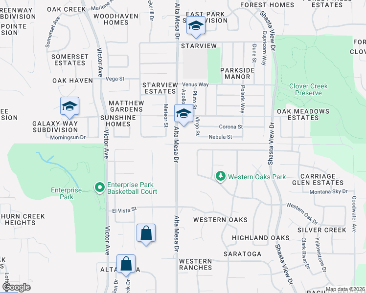 map of restaurants, bars, coffee shops, grocery stores, and more near 3995 Alta Mesa Drive in Redding