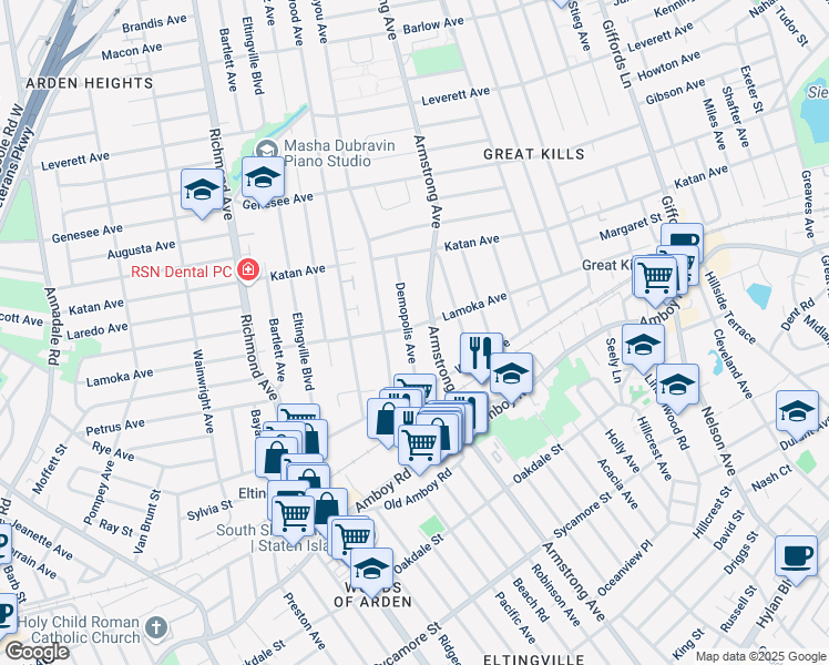 map of restaurants, bars, coffee shops, grocery stores, and more near 68 Demopolis Avenue in Staten Island