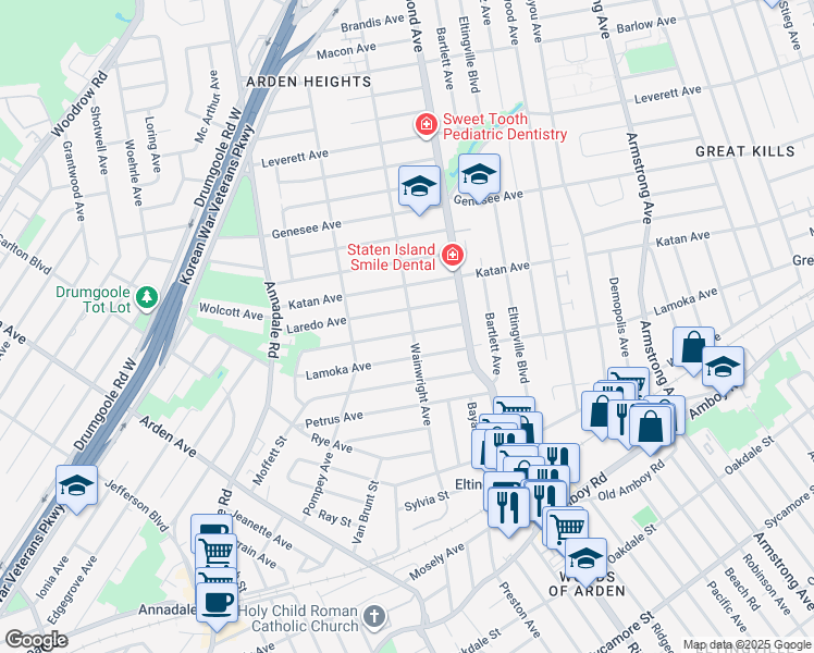 map of restaurants, bars, coffee shops, grocery stores, and more near 42 Laredo Avenue in Staten Island