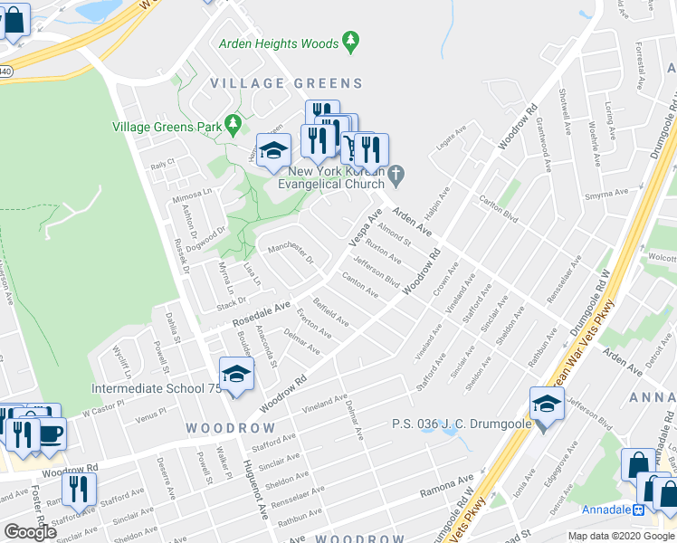 map of restaurants, bars, coffee shops, grocery stores, and more near 382 Green Valley Road in Staten Island