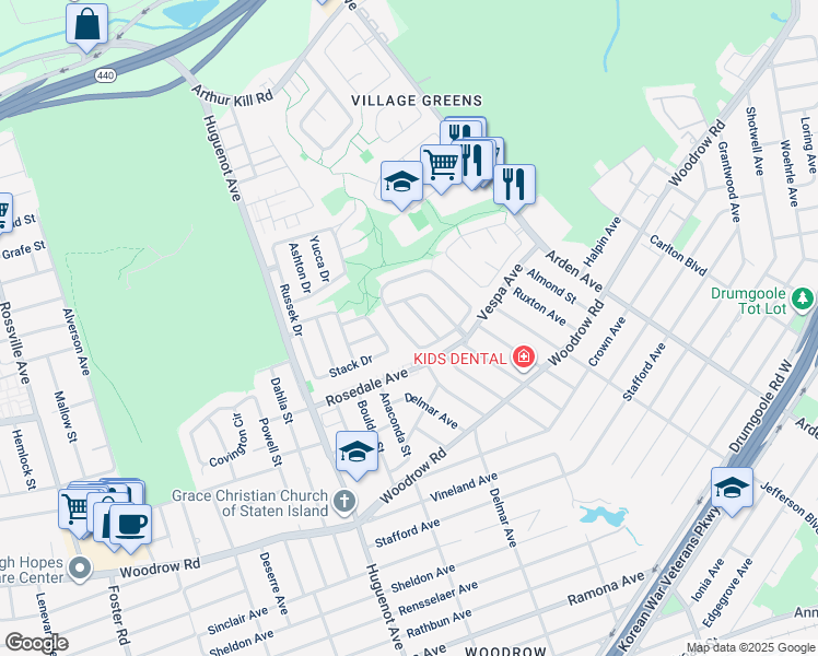 map of restaurants, bars, coffee shops, grocery stores, and more near 127 Green Valley Road in Staten Island