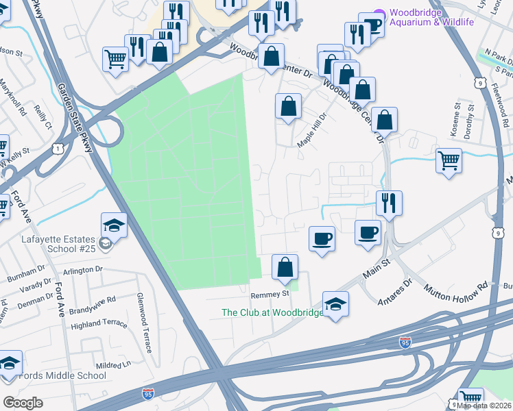 map of restaurants, bars, coffee shops, grocery stores, and more near 50 Highview Drive in Woodbridge Township