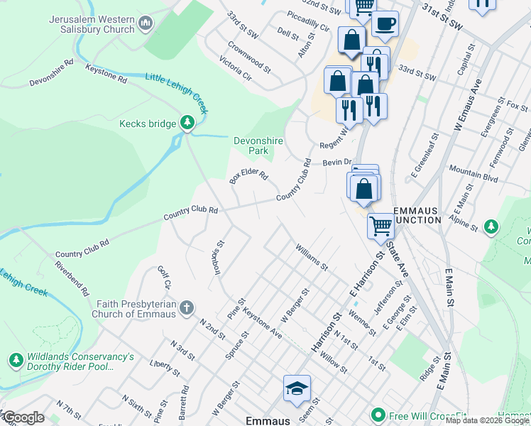map of restaurants, bars, coffee shops, grocery stores, and more near 3610 Country Club Road in Allentown