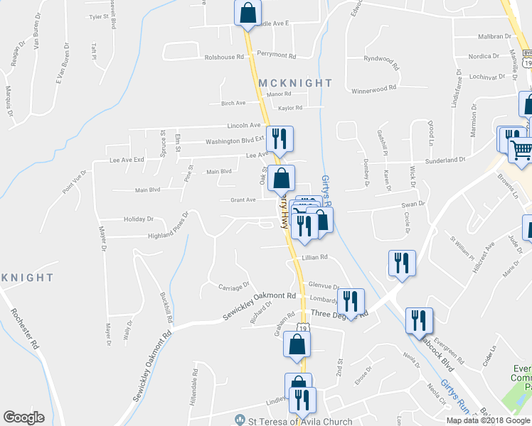 map of restaurants, bars, coffee shops, grocery stores, and more near 125 Grant Avenue in Pittsburgh