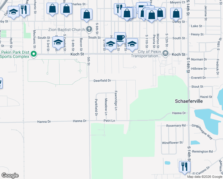 map of restaurants, bars, coffee shops, grocery stores, and more near 700 Deerfield Drive in Pekin