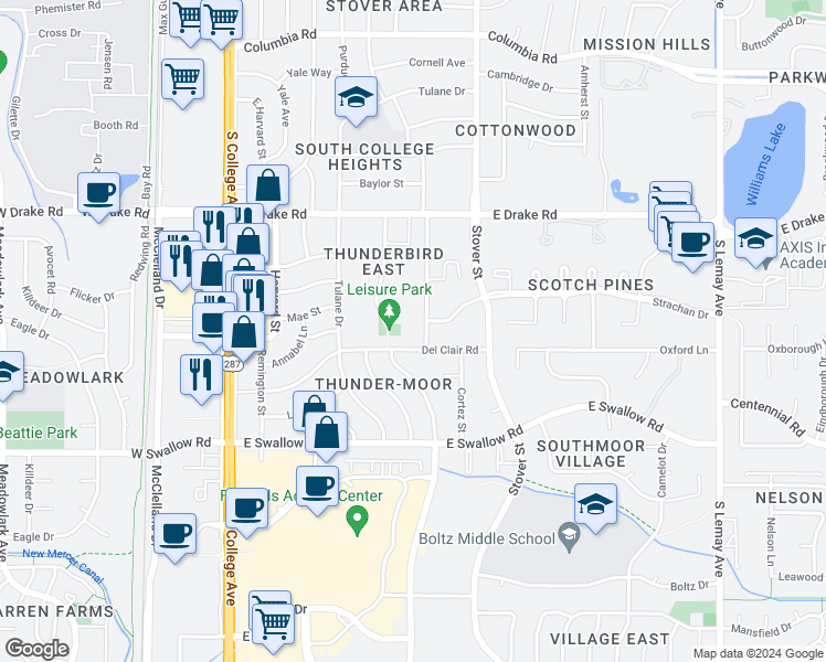 map of restaurants, bars, coffee shops, grocery stores, and more near 2825 Stanford Road in Fort Collins