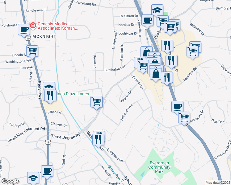 map of restaurants, bars, coffee shops, grocery stores, and more near 5900 Babcock Boulevard in Pittsburgh