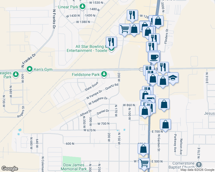 map of restaurants, bars, coffee shops, grocery stores, and more near 262 West Quartz Road in Tooele