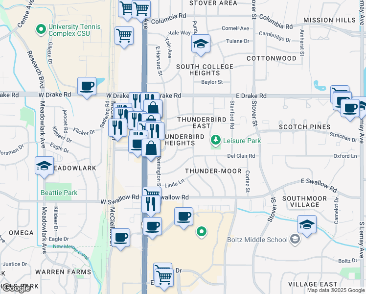 map of restaurants, bars, coffee shops, grocery stores, and more near 304 Ruth Street in Fort Collins