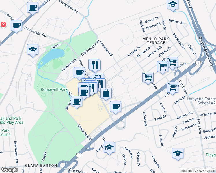 map of restaurants, bars, coffee shops, grocery stores, and more near 32 Judson Street in Edison