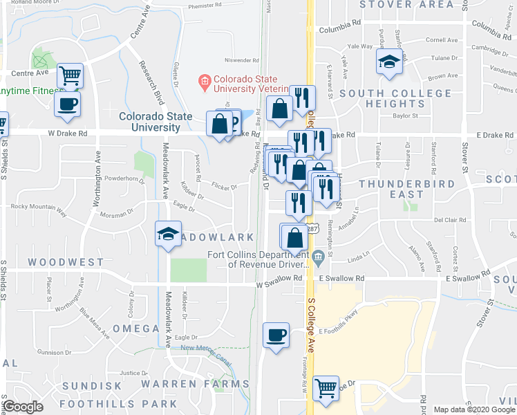 map of restaurants, bars, coffee shops, grocery stores, and more near Mason Trail in Fort Collins