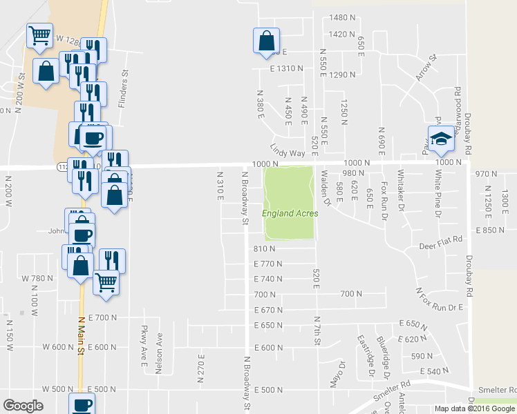 map of restaurants, bars, coffee shops, grocery stores, and more near 903 North 400 East in Tooele