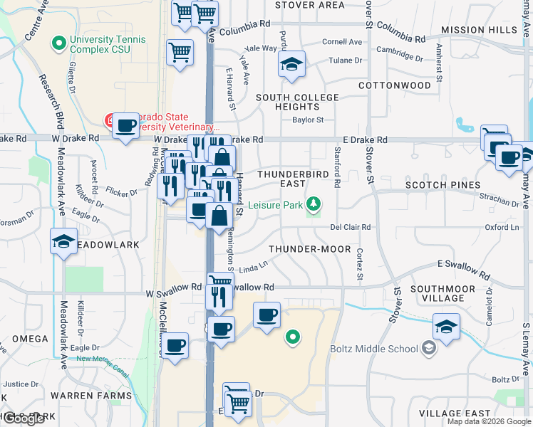 map of restaurants, bars, coffee shops, grocery stores, and more near 309 Mae Street in Fort Collins
