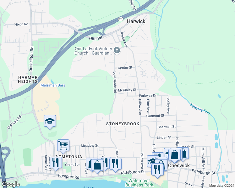 map of restaurants, bars, coffee shops, grocery stores, and more near Mattone Court in Allegheny County