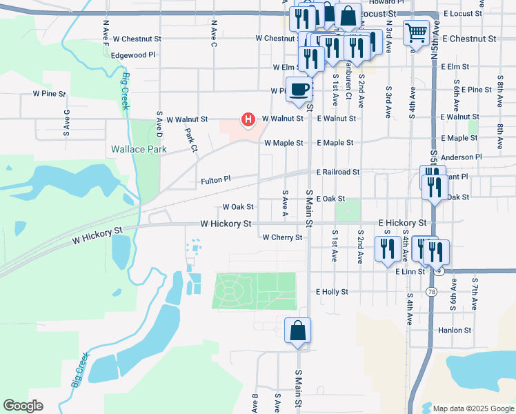 map of restaurants, bars, coffee shops, grocery stores, and more near 201 West Oak Street in Canton