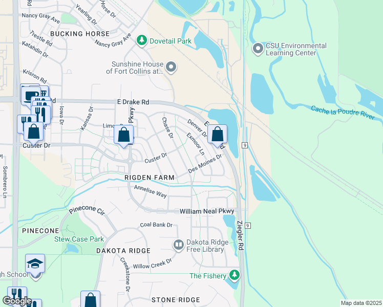 map of restaurants, bars, coffee shops, grocery stores, and more near 2791 Exmoor Lane in Fort Collins