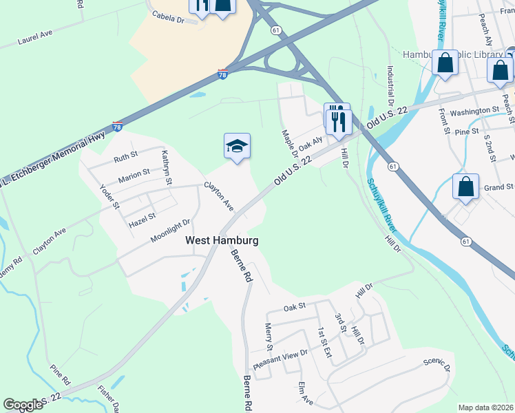 map of restaurants, bars, coffee shops, grocery stores, and more near 527 West State Street in Hamburg